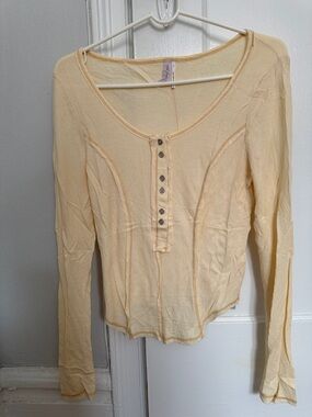 Urban Outfitters Pale Yellow Henley Ribbed Long-Sleeve Top
